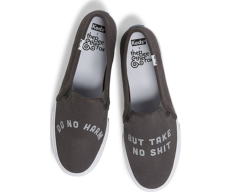 Keds Womens Deep Grey Slip On Shoes - Keds X The Bee & The Fox Double Decker ‘do No Harm’ 635ADN